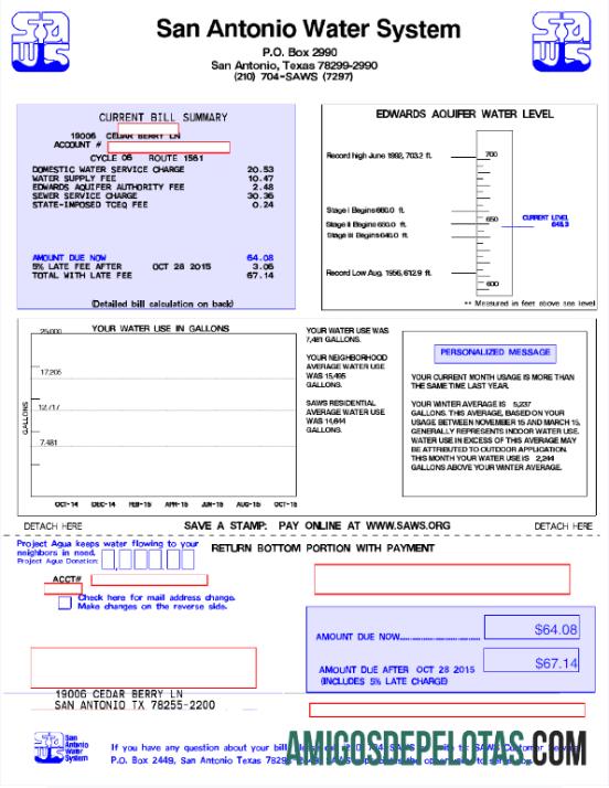 Para baxiar EUA SAN ANTONIO WATER SYSTEM Utility Bill Word e modelo PDF